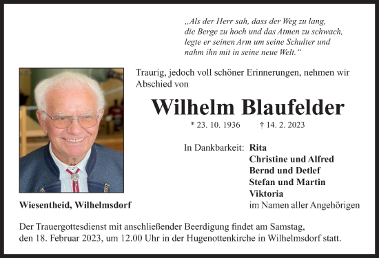 Traueranzeige von Wilhelm Blaufelder von Neustadt/ Scheinfeld/ Uffenheim