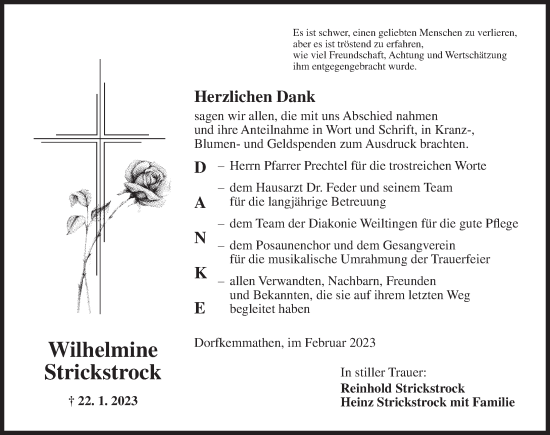 Traueranzeige von Wilhelmine Strickstrock von Dinkelsbühl/ Feuchtwangen