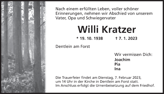 Traueranzeige von Willi Kratzer von Ansbach