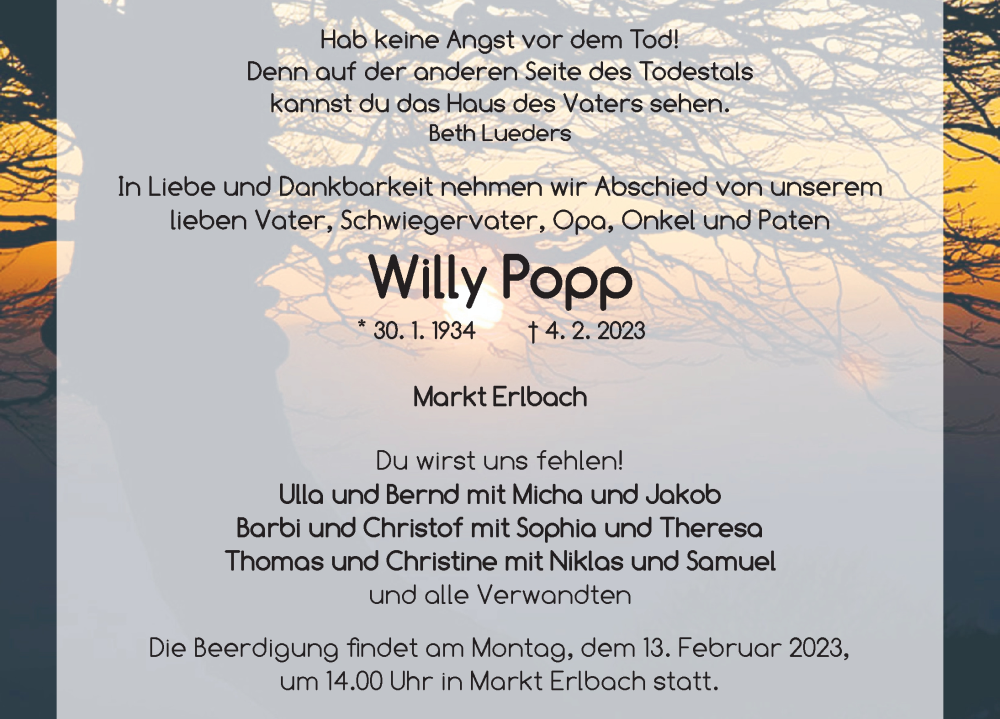  Traueranzeige für Willy Popp vom 10.02.2023 aus Neustadt/ Scheinfeld/ Uffenheim
