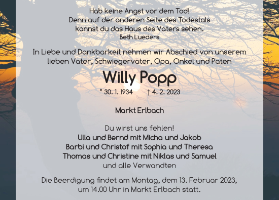 Traueranzeige von Willy Popp von Neustadt/ Scheinfeld/ Uffenheim