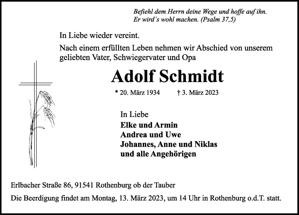  Traueranzeige für Adolf Schmidt vom 09.03.2023 aus Rothenburg