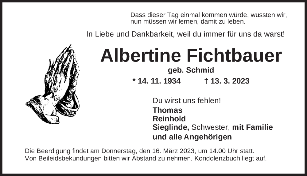  Traueranzeige für Albertine Fichtbauer vom 15.03.2023 aus Dinkelsbühl/ Feuchtwangen