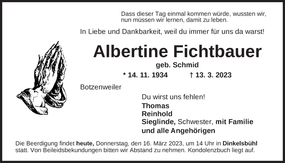 Traueranzeige für Albertine Fichtbauer vom 16.03.2023 aus Dinkelsbühl/ Feuchtwangen