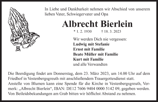 Traueranzeige von Albrecht Bierlein von Neustadt/ Scheinfeld/ Uffenheim