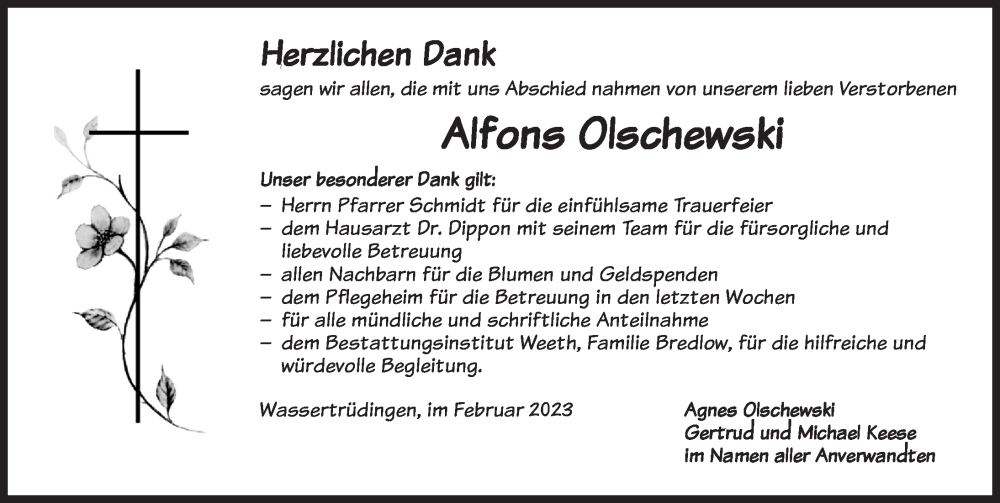  Traueranzeige für Alfons Olschewski vom 04.03.2023 aus Dinkelsbühl/ Feuchtwangen