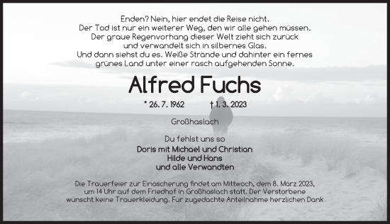 Traueranzeige von Alfred Fuchs von Ansbach