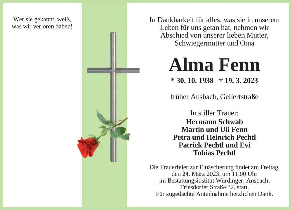  Traueranzeige für Alma Fenn vom 22.03.2023 aus Ansbach