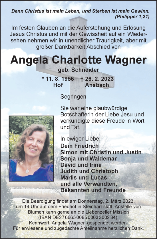 Traueranzeige von Angela Charlotte Wagner von Dinkelsbühl/ Feuchtwangen