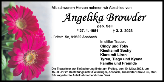 Traueranzeige von Angelika Brorwder von Ansbach