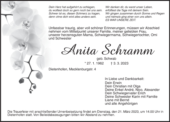 Traueranzeige von Anita Schramm von Ansbach