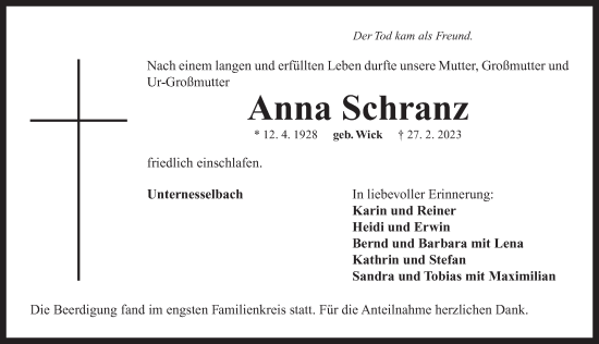 Traueranzeige von Anna Schranz von Neustadt/ Scheinfeld/ Uffenheim