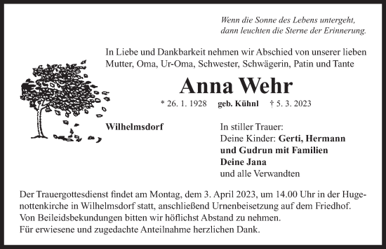 Traueranzeige von Anna Wehr von Neustadt/ Scheinfeld/ Uffenheim