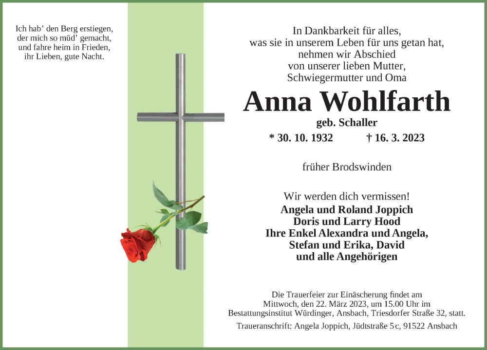  Traueranzeige für Anna Wohlfarth vom 18.03.2023 aus Ansbach