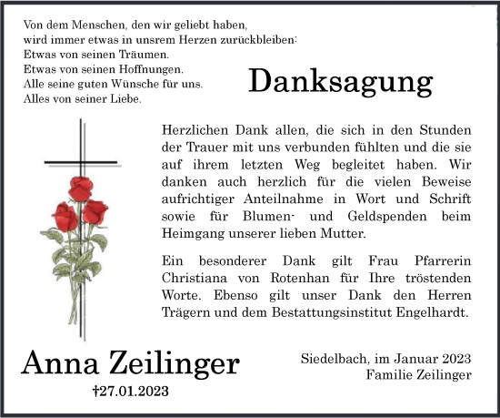 Traueranzeige von Anna Zeilinger von Neustadt/ Scheinfeld/ Uffenheim