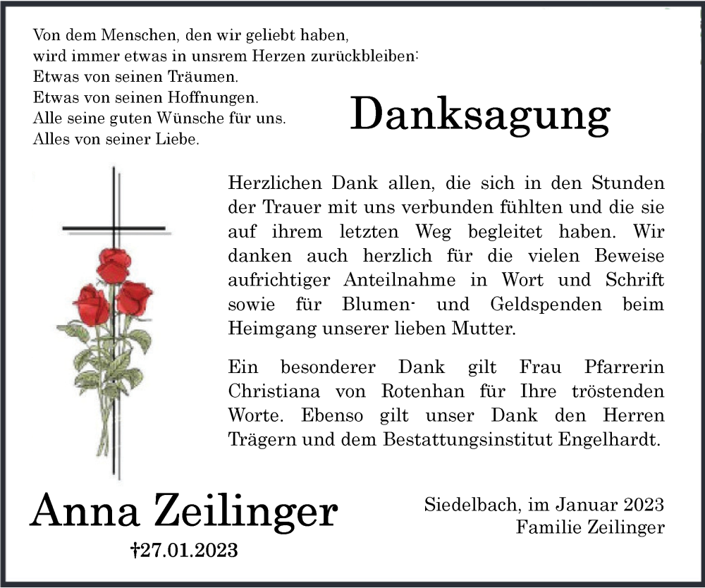  Traueranzeige für Anna Zeilinger vom 11.03.2023 aus Neustadt/ Scheinfeld/ Uffenheim