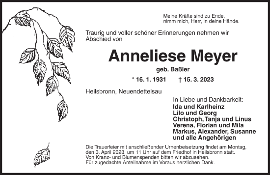 Traueranzeige von Anneliese Meyer von Ansbach