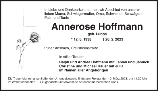 Traueranzeige von Annerose Hoffmann von Ansbach