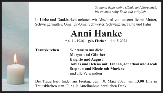 Traueranzeige von Anni Hanke von Neustadt/ Scheinfeld/ Uffenheim