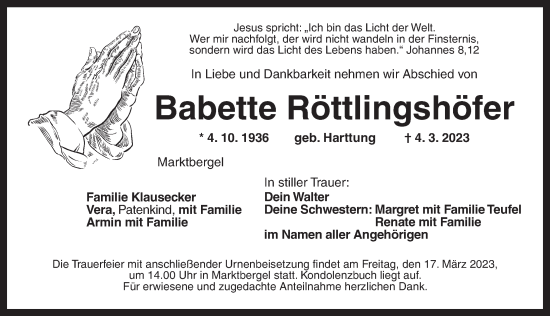 Traueranzeige von Babette Röttlingshöfer von Neustadt/ Scheinfeld/ Uffenheim