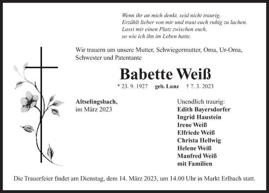 Traueranzeige von Babette Weiß von Neustadt/ Scheinfeld/ Uffenheim