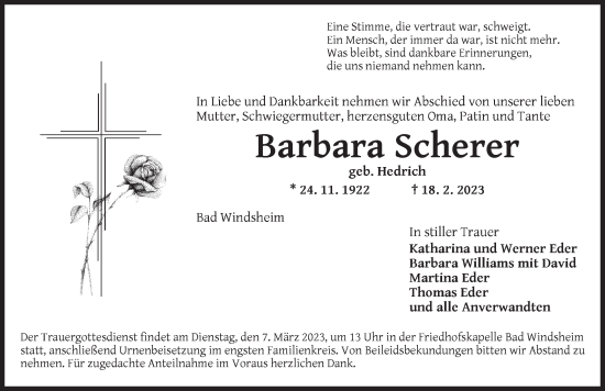 Traueranzeige von Barbara Scherer von Neustadt/ Scheinfeld/ Uffenheim