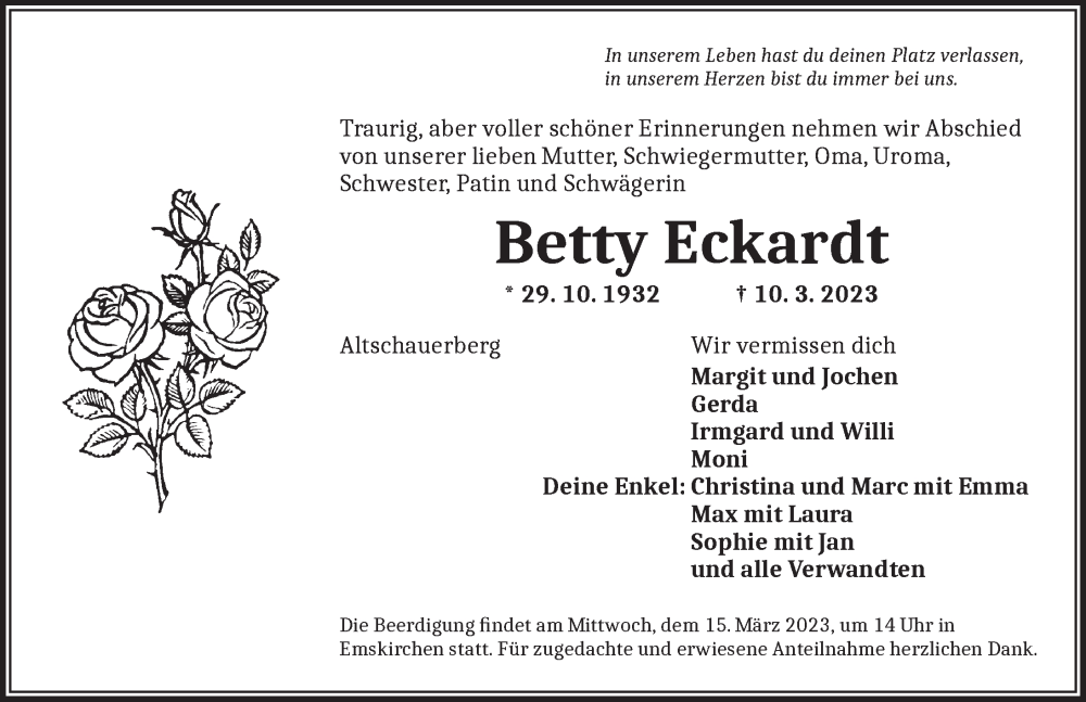  Traueranzeige für Betty Eckardt vom 13.03.2023 aus Neustadt/ Scheinfeld/ Uffenheim