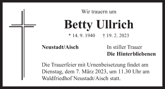 Traueranzeige von Betty Ullrich von Neustadt/ Scheinfeld/ Uffenheim