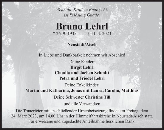 Traueranzeige von Bruno Lehrl von Neustadt/ Scheinfeld/ Uffenheim