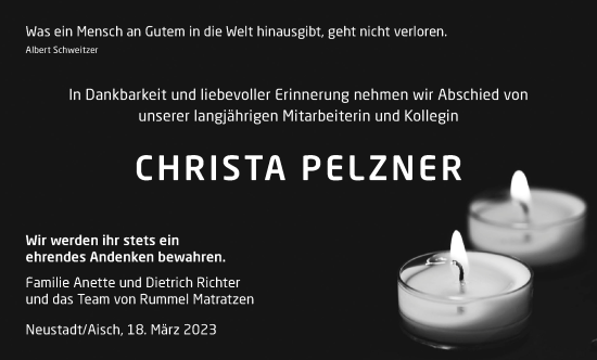 Traueranzeige von Christa Pelzner von Neustadt/ Scheinfeld/ Uffenheim