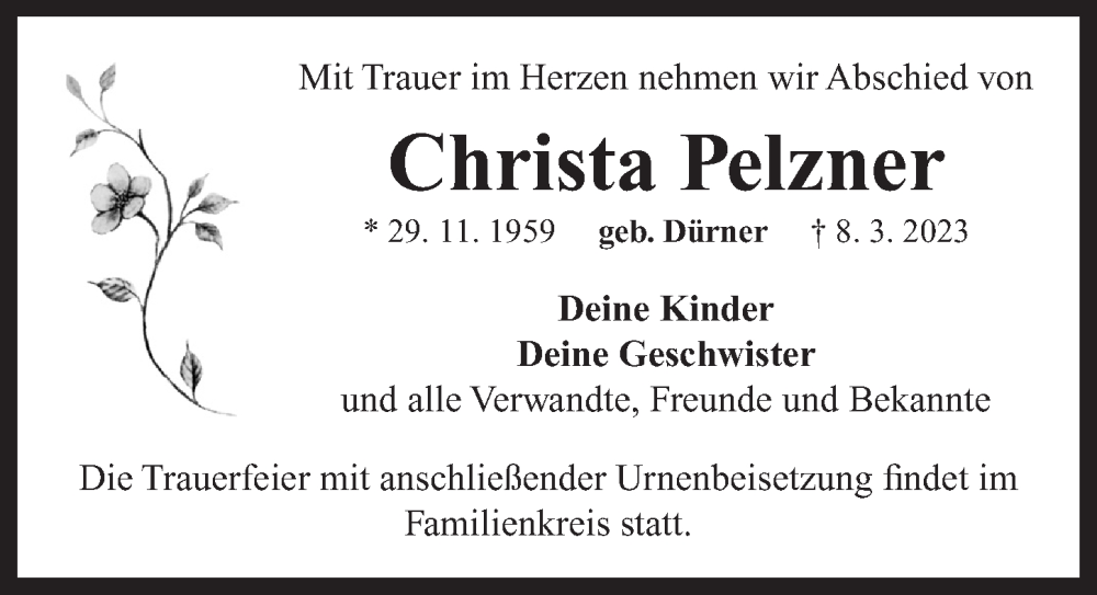  Traueranzeige für Christa Pelzner vom 13.03.2023 aus Neustadt/ Scheinfeld/ Uffenheim