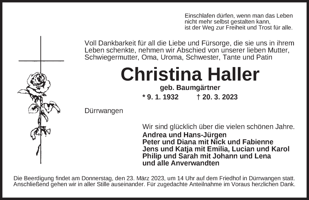 Traueranzeige für Christina Haller vom 22.03.2023 aus Dinkelsbühl/ Feuchtwangen