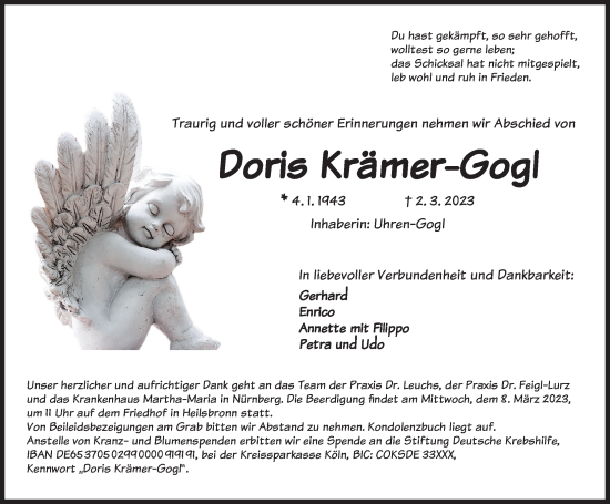 Traueranzeige von Doris Krämer-Gogl von Ansbach