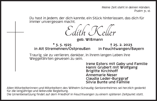 Traueranzeige von Edith Keller von Dinkelsbühl/ Feuchtwangen