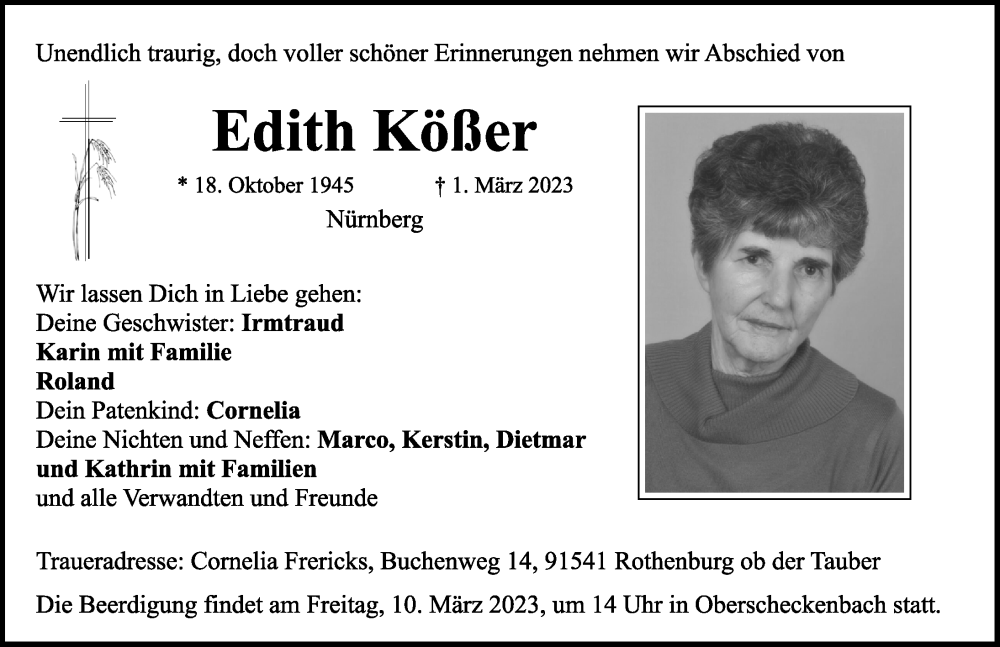 Traueranzeige für Edith Kößer vom 09.03.2023 aus Rothenburg
