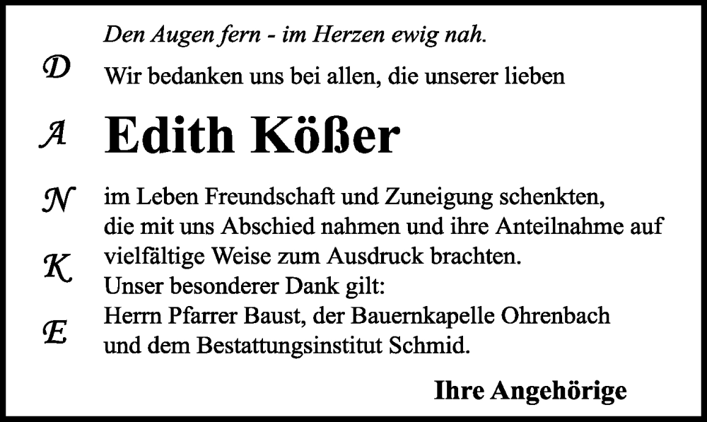  Traueranzeige für Edith Kößer vom 25.03.2023 aus Rothenburg