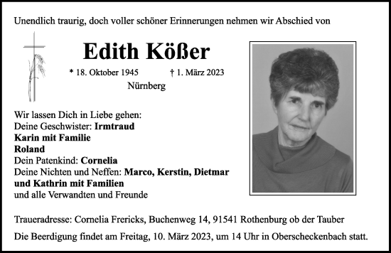 Traueranzeige von Edith Kößer von Rothenburg