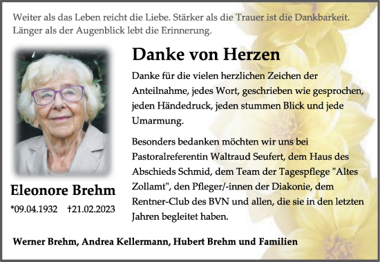 Traueranzeige von Eleonore Brehm von Neustadt/ Scheinfeld/ Uffenheim