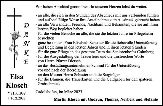 Traueranzeige von Elsa Klosch von Rothenburg