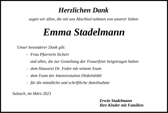 Traueranzeige von Emma Stadelmann von Dinkelsbühl/ Feuchtwangen