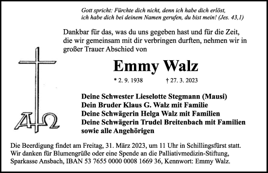 Traueranzeige von Emmy Walz von Ansbach