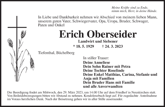 Traueranzeige von Erich Oberseider von Ansbach