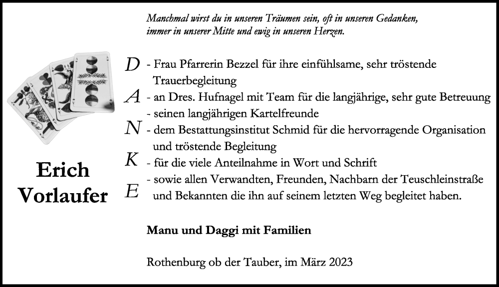  Traueranzeige für Erich Vorlaufer vom 25.03.2023 aus Rothenburg
