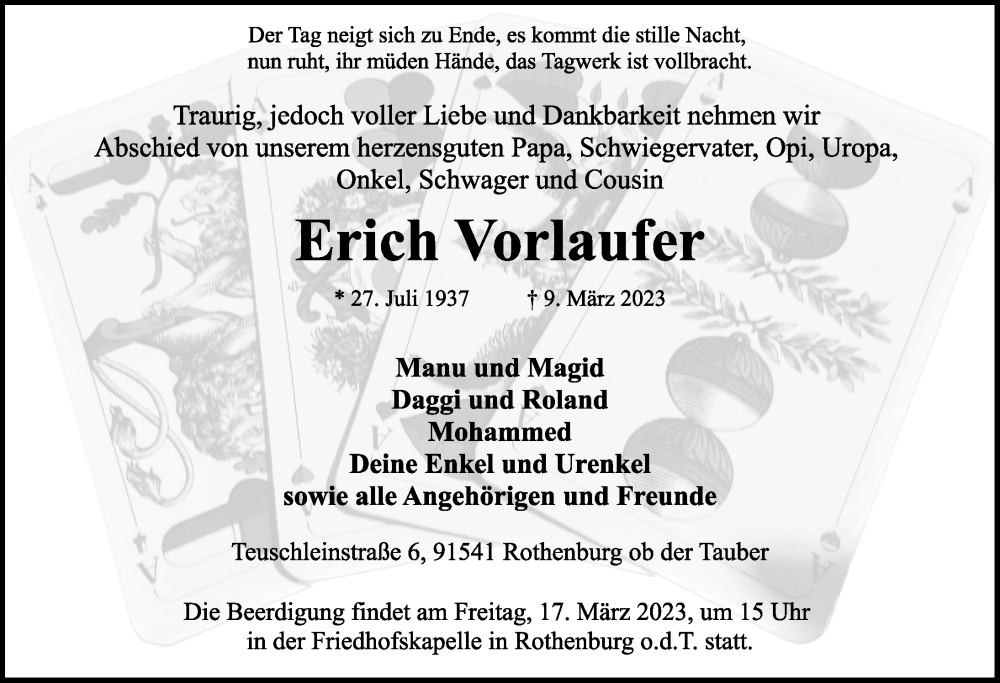  Traueranzeige für Erich Vorlaufer vom 15.03.2023 aus Rothenburg