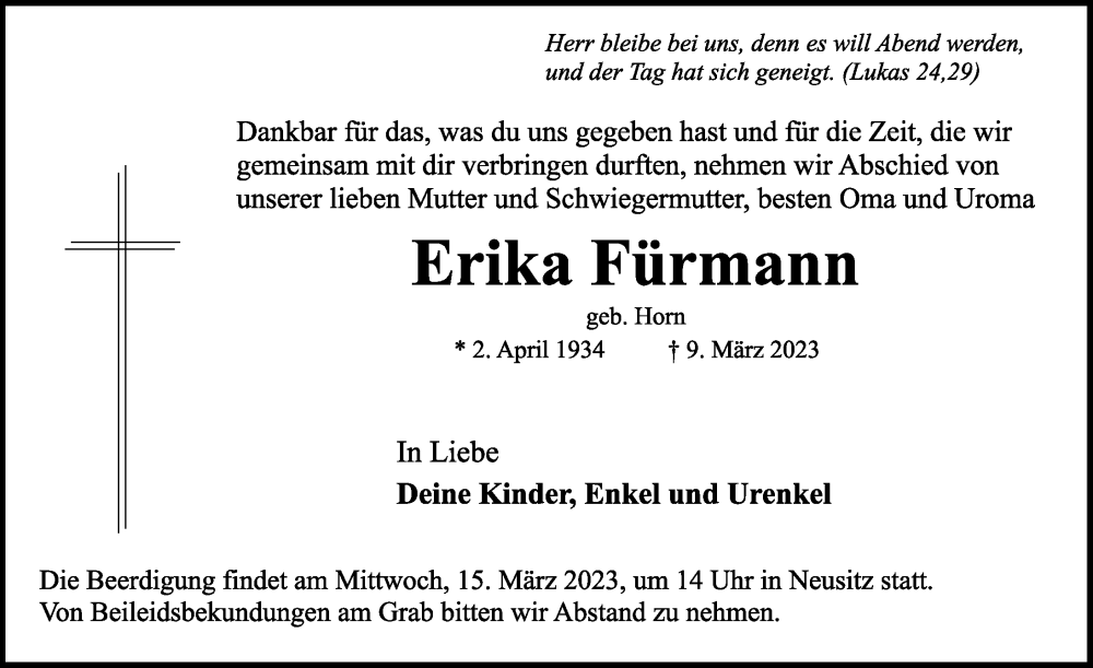  Traueranzeige für Erika Fürmann vom 11.03.2023 aus Rothenburg
