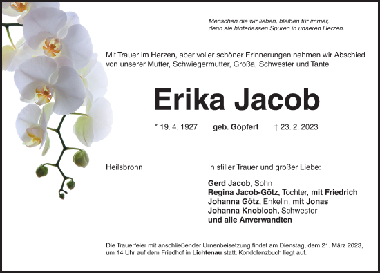 Traueranzeige von Erika Jacob von Ansbach