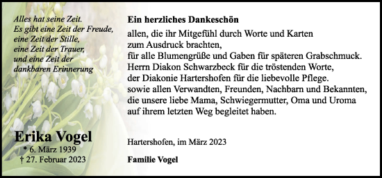 Traueranzeige von Erika Vogel von Rothenburg