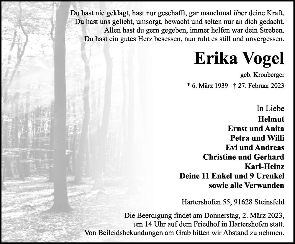  Traueranzeige für Erika Vogel vom 01.03.2023 aus Rothenburg