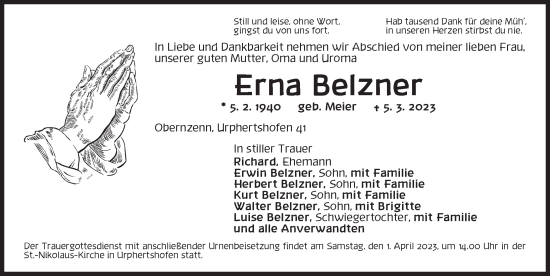 Traueranzeige von Erna Belzner von Neustadt/ Scheinfeld/ Uffenheim