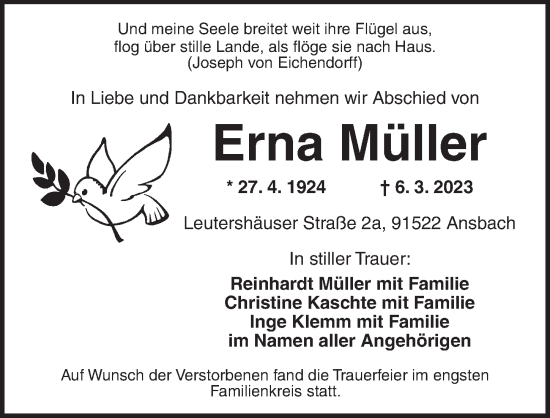 Traueranzeige von Erna Müller von Ansbach